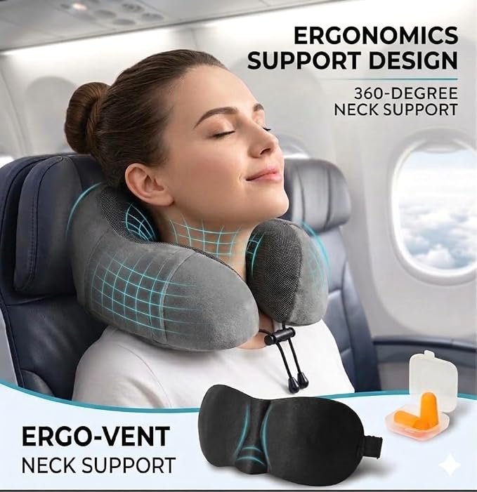 Airplane Travel Neck Pillow, 100% Memory Foam Ergonomic Neck Support, Airplanes Neck Pillow with Washable Cover Travel Essential for Flight, Office includes Eye Masks, Earplugs & Carry Bag (Dark Gray) - Image 4