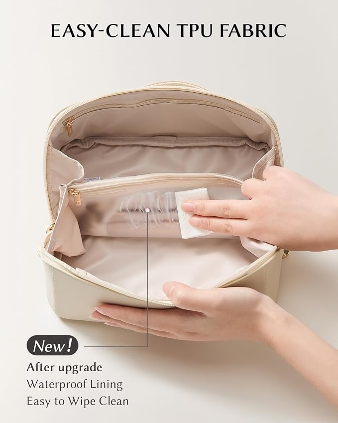 EACHY Travel Makeup Bag for Women, PU Leather Cosmetic Bag, White, Medium | PU leather organizer opens flat with two TPU brush pockets and divided storage for makeup, skincare, toiletries and travel - Image 5