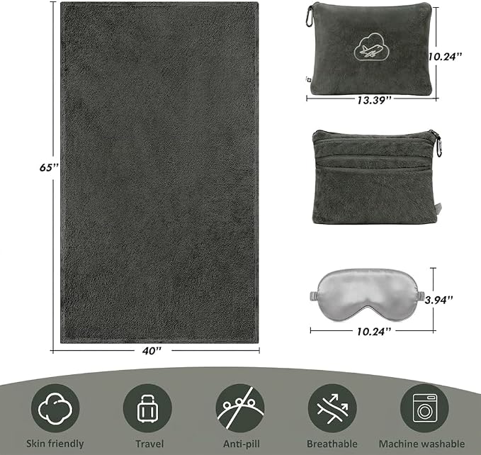 Travel Blanket, Airplane Blanket, Ultra-Soft, Warm & Lightweight, 65x40 in, Outdoor Blanket Essentials for Women, Men & Kids, Included Eye Mask, Luggage Sleeve & Backpack Clip Dark Grey - Image 6