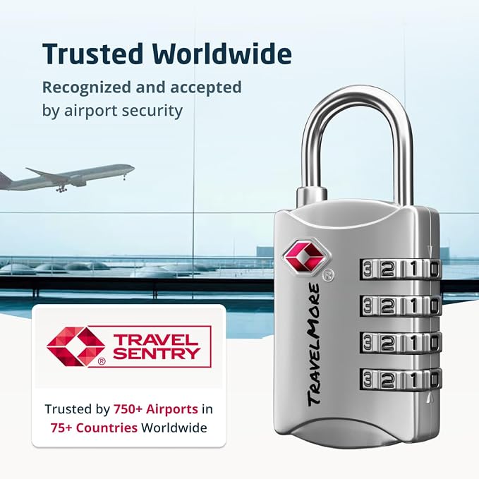 Luggage Locks TSA Approved, 4-Digit Travel Combination Locks | TSA Accepted, Easy to Use, Compact, Lightweight, Durable, Zinc Alloy Body, for Suitcases, Backpacks, Zippers, 3-Pack, Silver - Image 6