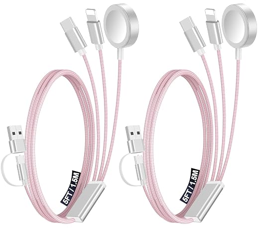 2Pack Travel Essentials for Apple Watch Charger,3-in-2 Multi Charging Cable | Cruise Vacation Camping Essentials for iPhone Charger,Type C/Lightning for iWatch,iPhone 17-12,Xbox Series X&S-5FT Pink by Accessoriesforphoneandelectricproducts
