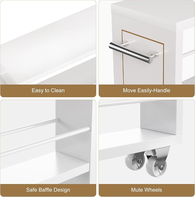 KLM 4 Tier White Slim Storage Cart with Handle, Slide Out Storage Rolling Utility Cart for Kitchen, Laundry, Narrow Places-6.7" W - Image 5
