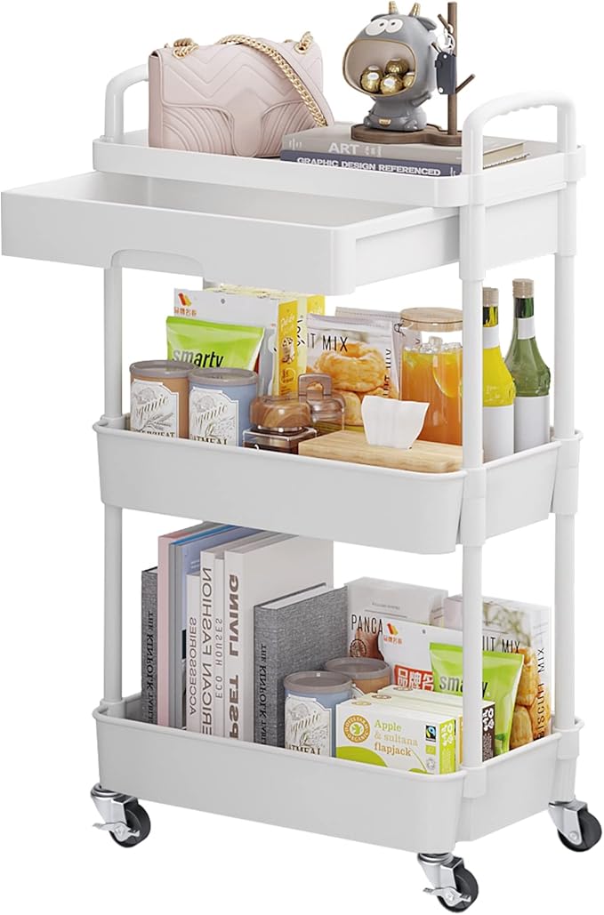 Calmootey 3-Tier Utility Cart with Drawer & Wheels, Storage for Home,Office | Space-Saving Organizer, Sturdy Plastic Shelves, Smooth-Rolling Metal Wheels, Built-in Drawer for Small Items, White by Calmootey