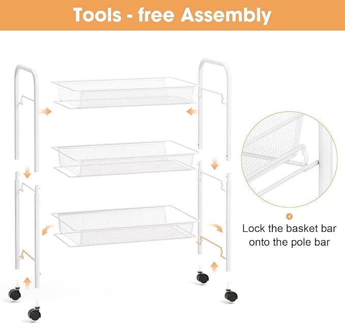 TOOLF 3 Tier Rolling Cart, Metal Utility Storage Cart with Wheels, White | 3 Hooks, Screwless Assembly, Trolley Organizer for Bathroom, Kitchen, Office, Nursery, Dorm, Laundry Room - Image 5