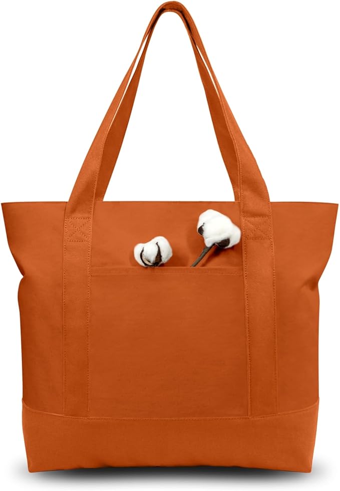 TOPDesign 3-Pack Canvas Tote Bags with an External Pocket, Reusable Grocery Shopping Bags, Top Zipper Closure, Daily Essentials (Orange) by TOPDesign