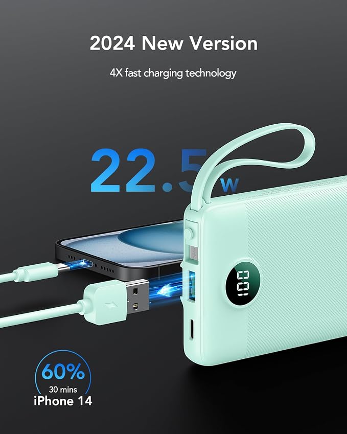 VRURC Portable Charger, 22.5W Fast Charging Power Bank Built‑in 4 Cables | 10000mAh Slim Lightweight Travel Battery Pack for iPhone, Samsung & Multi Devices, Pocket‑Friendly with Lanyard-Green(1 Pack) - Image 2