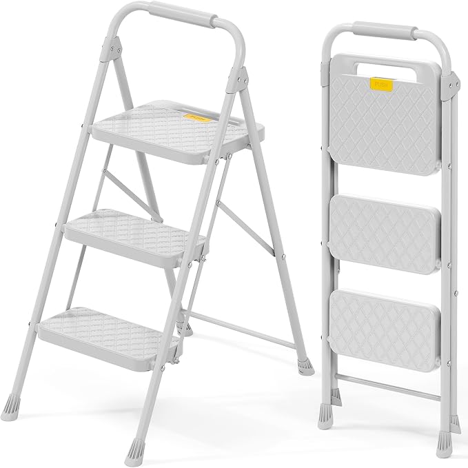 KINGRACK 3 Step Ladder, Folding Step Stool with Safety Lock & Sturdy Anti-Slip Pedals, Pass 800lbs Load Testing, Lightweight, Portable Steel Ladder with Handrails for Home, Kitchen, Garage, Office by KINGRACK