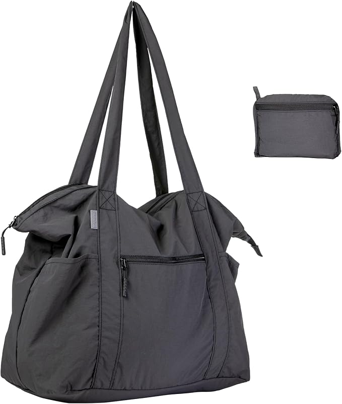 Ultra Light Packable Tote Bag Nylon for Travel, Lightweight Polyester Foldable Duffel Totes with Zipper, 25L Collapsible Compact Dark Grey by Fynarzel