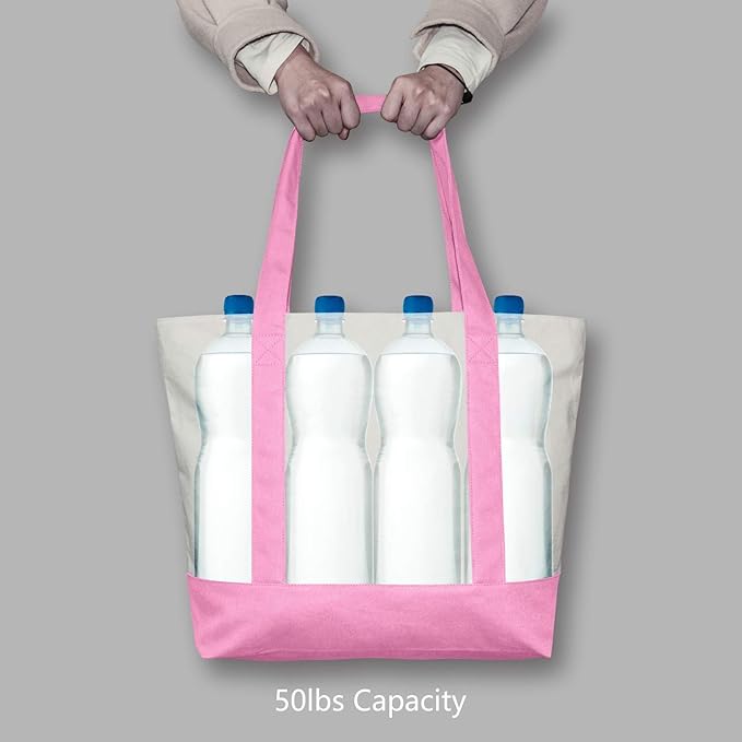 TOPDesign 3-Pack Canvas Tote Bags with an External Pocket, Reusable Grocery Shopping Bags, Top Zipper Closure, Daily Essentials (Pink/Natural) - Image 6