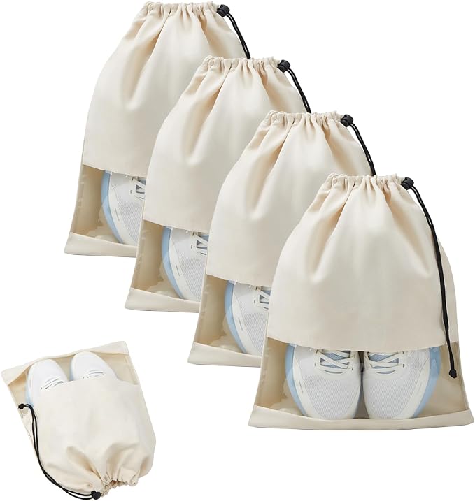 4 Pcs Shoe Bags for Travel with Clear TPU Window & Drawstring Closure | 13.8"x17.7" Fits Most Shoes, Dust Resistant, Washable & Reusable, Travel Shoe Storage Bags for Men & Women by Unknown
