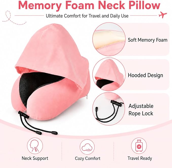 Travel Blanket and Pillow Set - Hooded Neck Pillow Airplane Essentials Pink | Memory Foam, Sleep Mask, Earplugs, Foldable Duffel Bag Soft Comfort for Long Plane Flight Traveling Car Road Trip Flying - Image 3