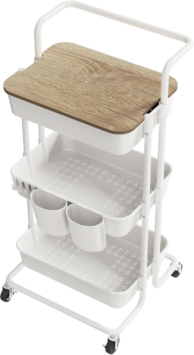 DTK 3 Tier Rolling Utility Cart with Cover Top Board, Movable Kitchen Storage Cart Trolley with Lockable Wheels, Cups, Hooks for Kitchen Bathroom Home Office Art Craft Storage and Organization(White) by DTK