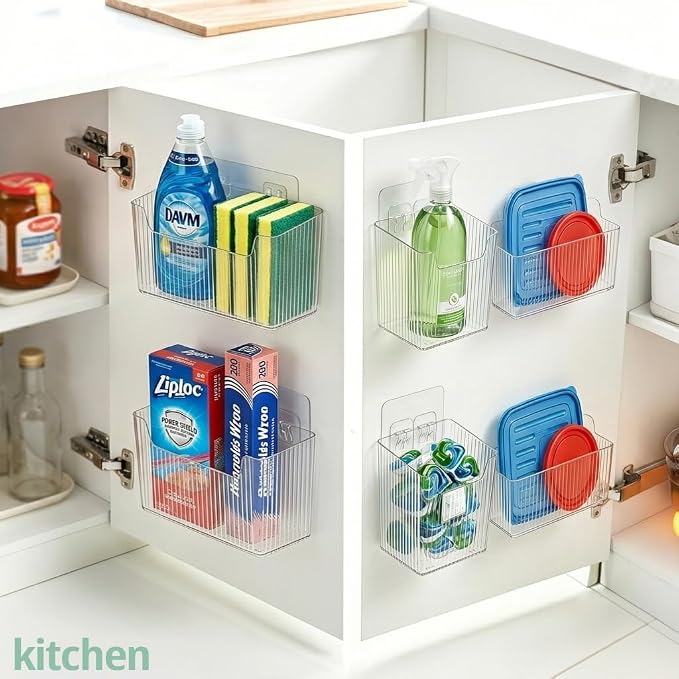 RR RAXMIN 6 Pack Cabinet Door Organizer ,Clear Storage Caddy, Adhesive Wall Mounted Organizer Bins, ,Stackable Basket for Kitchen Cabinets, Bathroom, Pantry, Office, and Tabletop Organization - Image 3