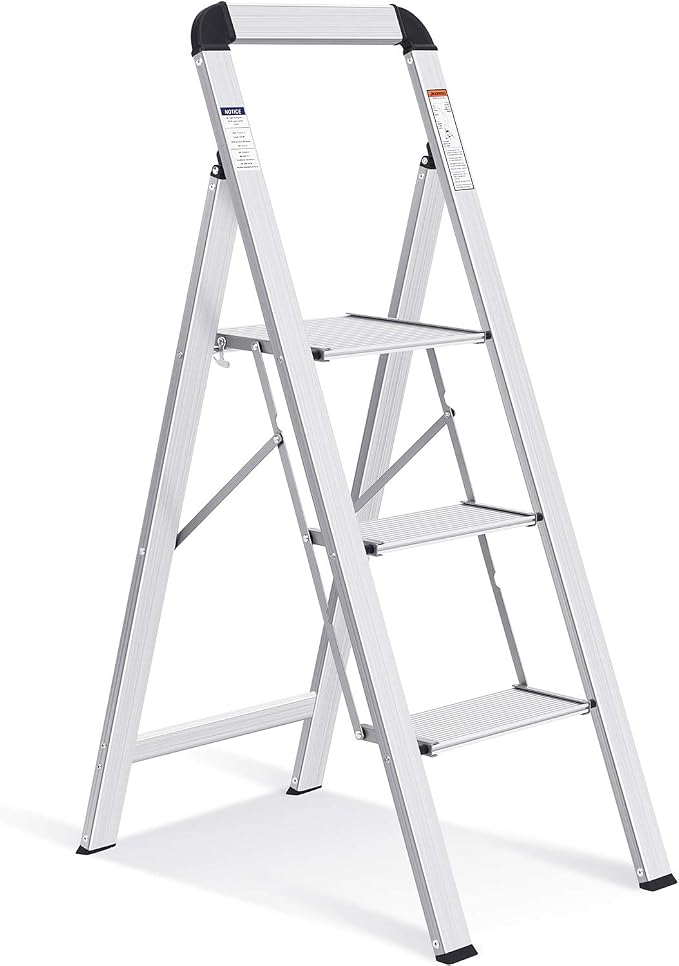 KINGRACK Aluminium 3 Step Ladder, Lightweight Step Stool with Non-Slip Pedals, Handrail, 330 LBS Foldable Step Ladder for Kitchen, Garage, Home, Space Saving, Sturdy and Portable, Silver by KINGRACK