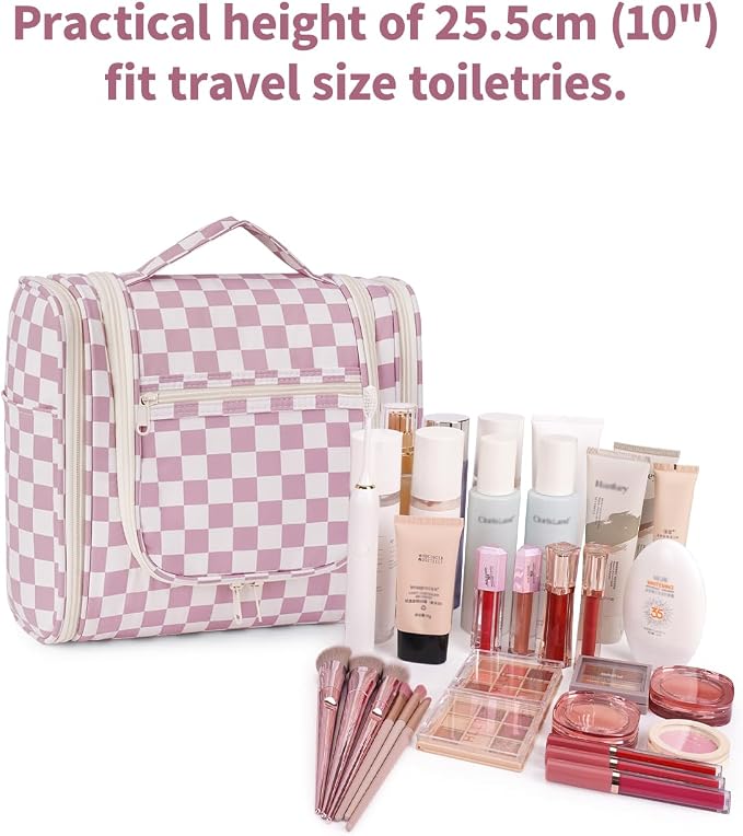 Narwey Checkered Hanging Travel Toiletry Bag for Women, Travel Bag for Toiletries, Makeup Bag Organizer Cosmetic Bags Make Up Bags for Women (Dusty Rose Checkerboard) - Image 4