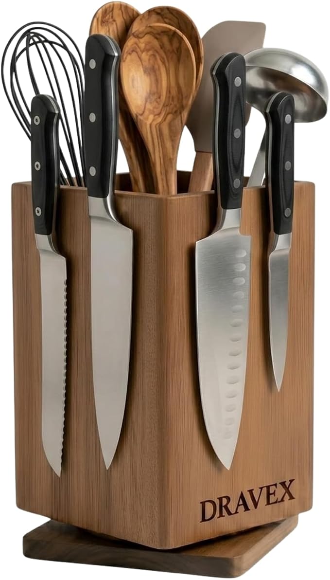 DRAVEX Ultra Premium Magnetic Knife Block without Knives for Counter Top | 360° Rotatable Acacia Wood Knife Holder Stand, Large Kitchen Utensils Holder with Strong Magnet, Anti-Slip Base by DRAVEX