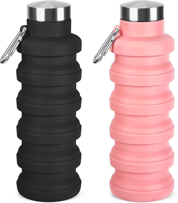 Collapsible Water Bottle, 16oz Portable Reusable Silicone Water Bottle with Carabiner for Gym, Travel, Camping, Hiking, Sports, Lightweight, BPA-Free, Leak-Proof, Foldable Design(Black+Pink) by HOME