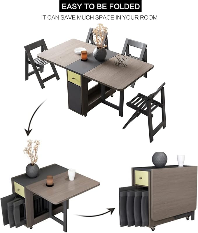 Drop Leaf Folding Dining Table with Storage, 2 Drawers, Grey | 3 Foldable Forms, Space Saving, Movable on Casters, for Kitchen Dining Living Room, Extendable, Versatile - Image 7
