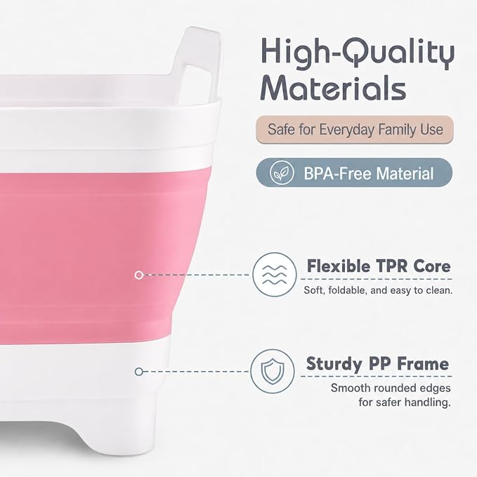 2.4 Gal(9L) Collapsible Dish Basin with Drain Plug, Space Saving Outdoor Multiuse Foldable Sink Tub, Dishpan, Kitchen Storage Tray for Camping, Vegetable Washing, RV (Pink) - Image 5