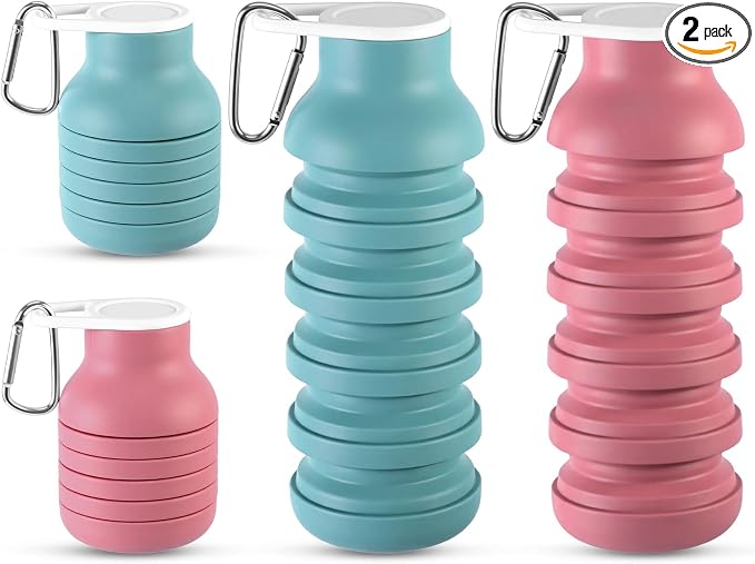 LemonRoad 2 Pcs 20 oz Portable Collapsible Water Bottles Reusable Silicone Foldable Water Bottle Lightweight Leakproof Expandable for Gym Traveling Camping Hiking Sports (Pink,Teal Blue) by Unknown