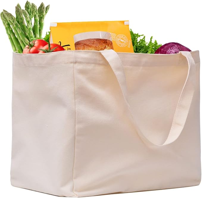 Canvas Reusable Grocery Bags Heavy Duty, 8.3 gal Foldable Large Tote Bag with Handles, Holds 60 lbs & Washable Eco-friendly Bags with 5 Pockets, Off white 1 Bags by CNaiyunpin