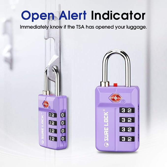 SURE LOCK TSA-Approved 4-Digit Resettable Combination Luggage Lock with Open Alert, Easy-Read Dials - for Luggage, School Lockers, Gym, Office, Toolbox & Security Cases (Purple 2 Pack) - Image 4