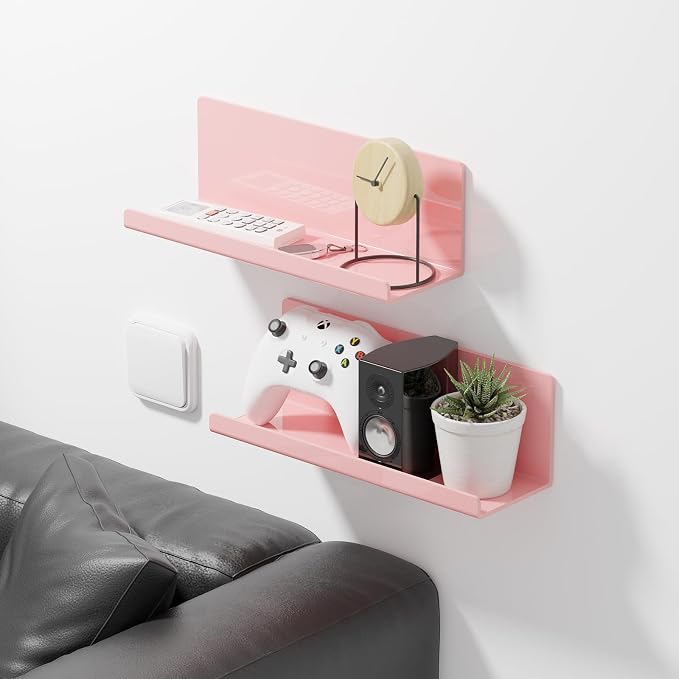 PAVSTINE Adhesive Floating Shelves for Wall No Drilling, 12 Inch Acrylic Self Adhesive Shelves, Stick on Shelves, Dorm Wall Shelf, for Bathroom, Kitchen, Bedroom, Office, Gaming Room, Pink - Image 2