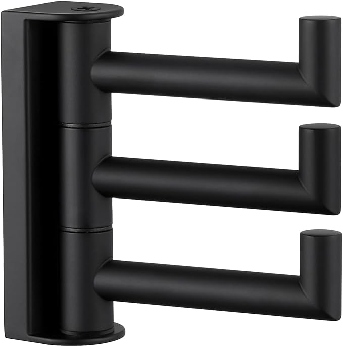 Angle Simple Swivel Towel Hook 3 Arms, Robe Coat Wall Hook, Matte Black | SUS304 Stainless Steel, Foldable Hand Bath Towel Holder for Bathroom Kitchen Closet, Sturdy Space Saver, Screws Mounted by AngleSimple