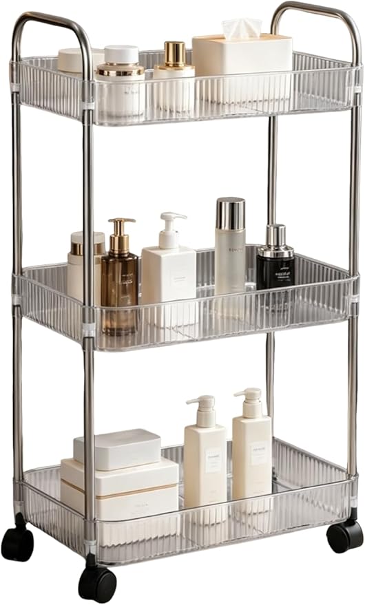 Sooyee Clear 3-Tier Plastic Rolling Utility Cart with Wheels | Multi-Functional Storage Cart Trolley, For Office, Bathroom,Living Room, Kitchen, Movable Storage Organizer by Sooyee