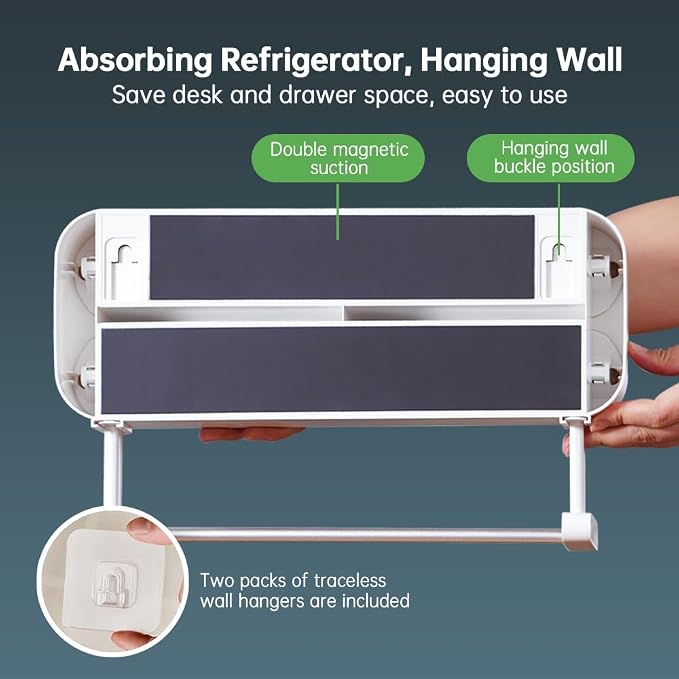 Magnetic Wrap Dispenser with Cutter - 3-in-1 Kitchen Organization and Storage for Plastic Wrap, Aluminum Foil & Paper Towel Holder | Strong Magnet Fridge & Wall Mount (Includes Wrap & Foil) - Image 7
