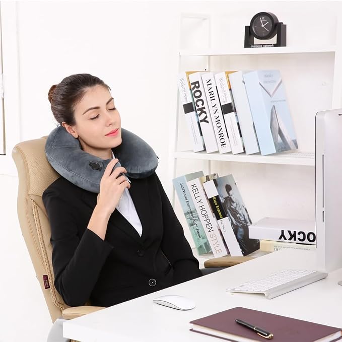 Keemall Portable Inflatable Travel Neck Pillow Flight & Airplane Essentials | Luxury Soft Fabric for Comfort, 360 Degree Ergonomic Neck Pillow, For Plane, Car & Long Road Trip, Portable with Carry Bag - Image 3