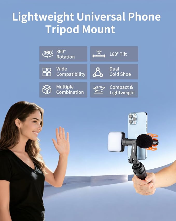 Lightweight Universal Phone Tripod Mount Adapter with 1/4" Screw and Cold Shoes, 360° Rotates Adjustable Smartphone Clamp Holder, Compatible with iPhone/Samsung/Andriods/Camera for Photography - Image 2
