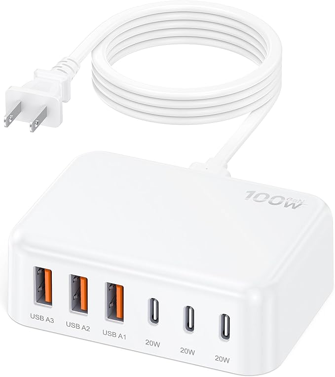 100W 6 in 1 USB Charger, 50% Smaller Charging Station for Multiple Devices | Fast Charging Blocks with Type C Port, USB Charging Hub Organizer Multiport Power Strip for iPhone,Samsung,Ipad,Kindle,Travel by BOVICAS