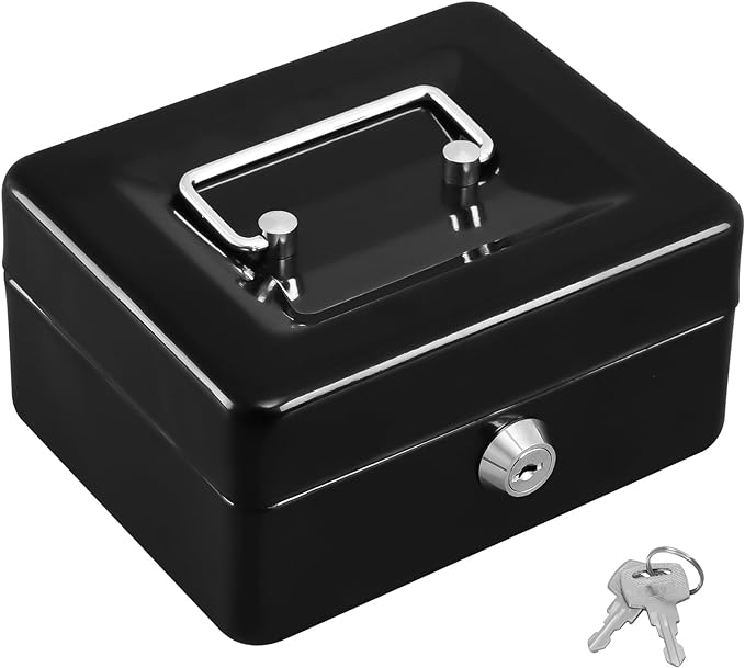 KYODOLED Small Cash Box, Key Lock Metal Storage Box with 2 Keys & Portable Handle, Safe Cash Drawer, 5.91"x 4.72"x 3.15", Black by KYODOLED