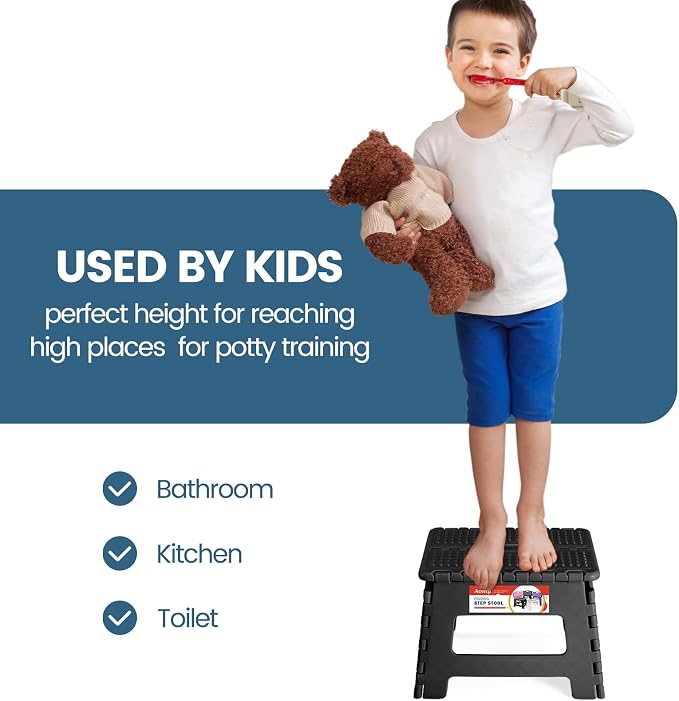 9 Inch Folding Step Stool 300 LB Capacity Non Slip Foot Stool with Handle Plastic Foldable Step Stools for Kids Stepping Stool for Bathroom Black Small Step Stool (1 PC Black) | Heavy Duty Foldable Stools, Lightweight, Holds 300 lb, for Toddler Kitchen... - Image 6