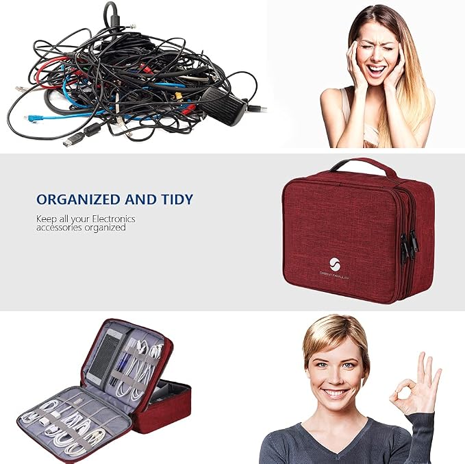 Travel Electronics Organizer, Waterproof Cable Organizer Bag for Electronic Accessories Double Layer Large Shockproof Cable Storage Bag for Cord, Power Bank, Tablet(Up to iPad 11 inch) - Wine Red - Image 5