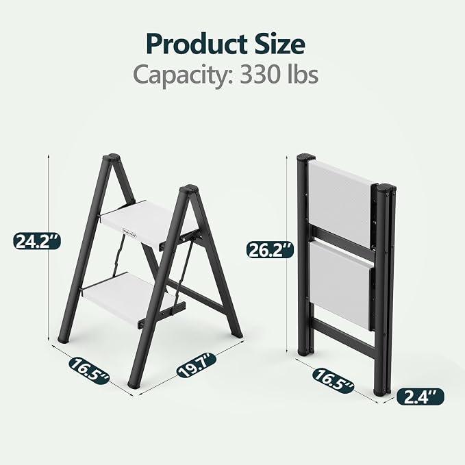 2 Step Ladder, Foldable Step Stool, 300lbs Load, Black & White | Folded 27''H x 3''T; Net 6.9 lbs; Rigid Aluminum Steps; No Assembly; For Home, Kitchen, Office, Pantry, Closets, Cabinets - Image 5