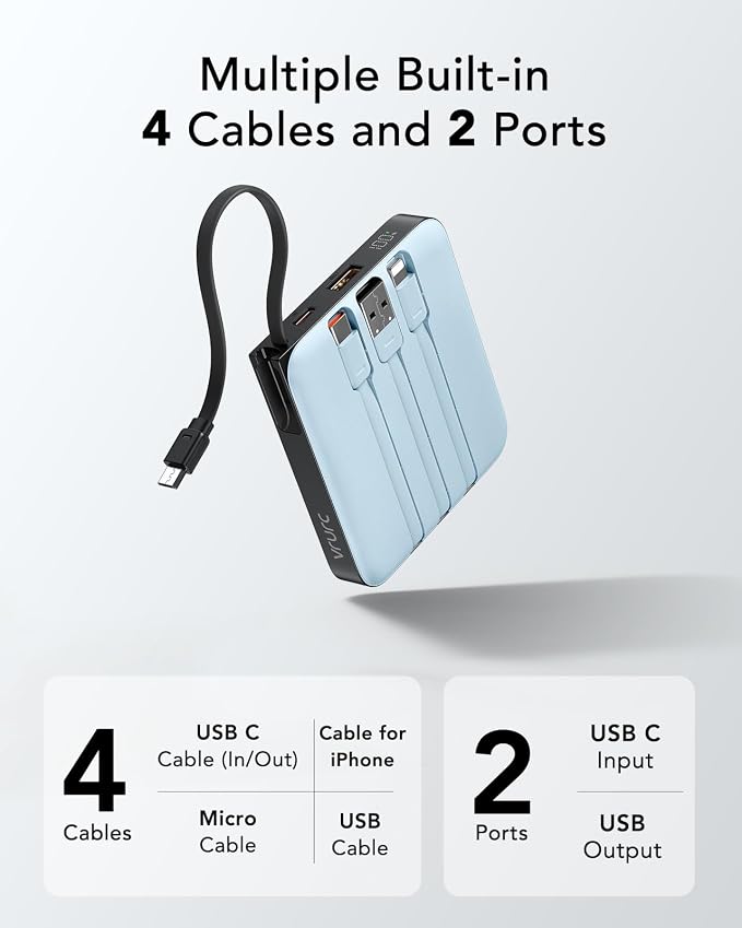VRURC Portable Charger for iPhone with Built-in Cable, 10000mAh 22.5W Fast Charging USB C Battery Pack, Cell Phone Power Bank for iPhone 17 16 15 & Samsung Galaxy Series (Blue) - Image 4