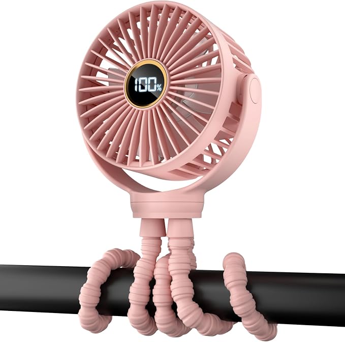 Portable Stroller Mini Fan, Small Rechargeable Personal Fan, Travel Essentials for Baby, Wagon, Car Seat, Treadmill, Battery Powered Biking Gear Accessories, 360° Rotation, 3-Speed, Display, Pink by Buywoo