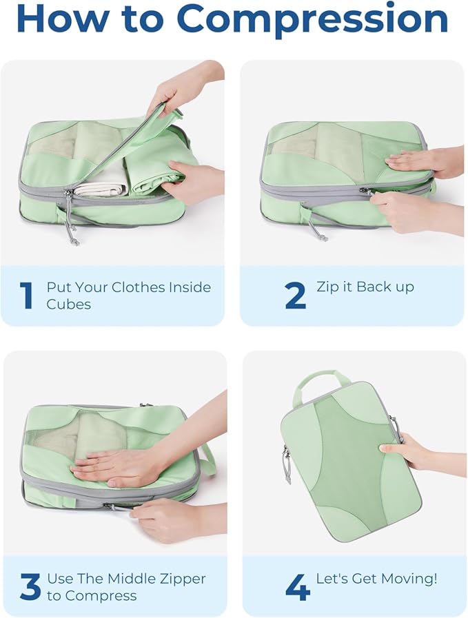 Bagsmart Compression Packing Cubes (Light Green, 6 Set) | Lightweight, Compressible Suitcase Organizer Set fit Standard Carry-On & Checked Luggage, 6 Set, 14 Set Washable Packing Bags - Image 4