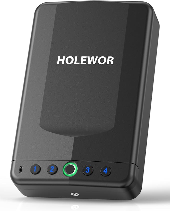 Car Gun Safe Small Portable Biometric Handgun Lock Box for Travel | 3 Ways Quick Access Fingerprint Compact Single Carrying Pistol Case for Vehicles Under Seat with Emergency USB C Power Supply by HOLEWOR