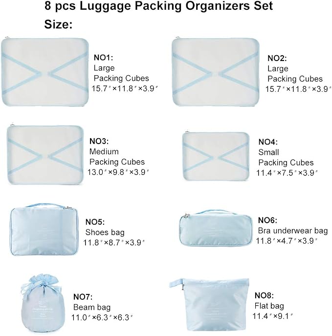 Packing Cubes for Travel, 8 Pcs Set | Luggage Organizers with Shoe Bag and Toiletry Bag, Classification and Storage, Save Storage Space and Luggage Packing Time - Image 2