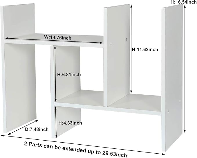 Adjustable Desktop Shelf Wood Small Bookshelf Desk Supplies Organizers and Accessories Storage Display Rack Office Decor, White - Image 3