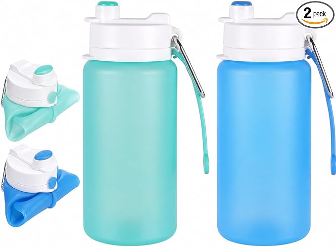 LemonRoad 2 Pcs 19 oz Silicone Collapsible Water Bottle, Blue Green | Portable Foldable Water Bottle, Leakproof, Carabiner, Reusable, Lightweight, for Travel Sport Hiking Camping Cycling Office by Unknown