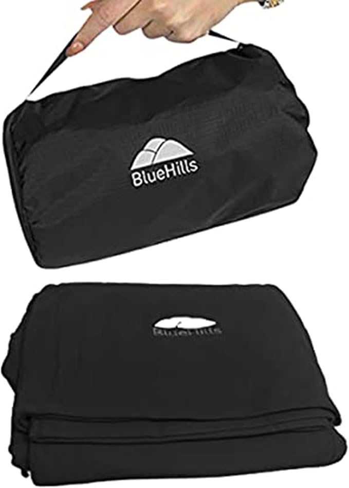 BlueHills Ultra Compact Travel Blanket Pillow Airplane Warm Portable Black | Portable Bag/Case, Hand Luggage Belt & Carabiner, Compact Carry Pouch, Large Size Blanket for Airplane, 70 X 56 Long Flights by BlueHills