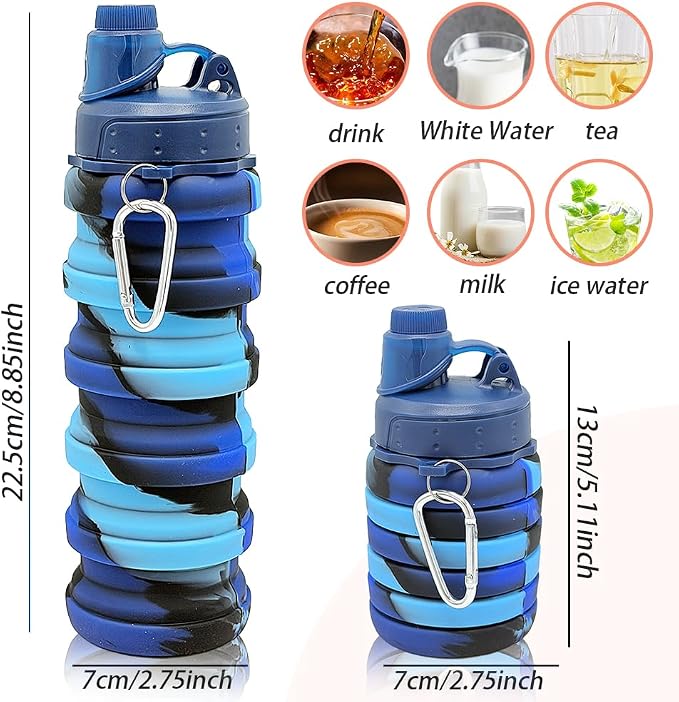 Silicone Collapsible Water Bottles, 16oz(500ml) Portable Foldable Expandable Water Bottle Sports Cups, Leak Proof Reusable BPA Free, for Outdoor Activities (Blue-A) - Image 2