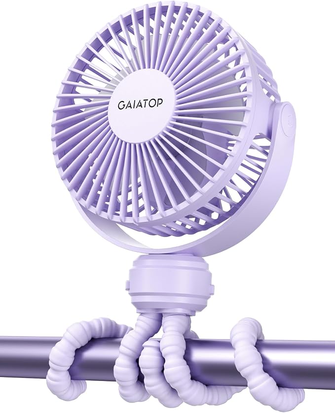 Gaiatop Mini Electric Fan with 360 Rotation, 5.5mm Gaps, Rechargeable Battery, 3 Speeds, Purple | 360° Rotate Flexible Tripod, Battery Operated Detachable, Cooling for Car Seat Crib Treadmill Travel Purple by GAIATOP