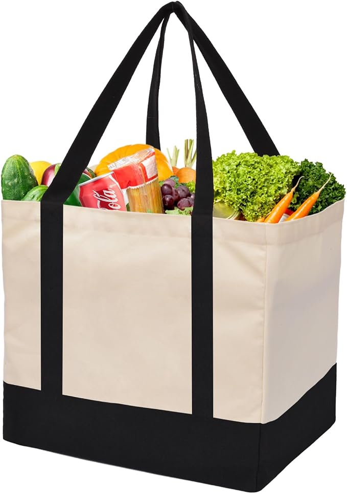 Large Canvas Tote Bag for Women, Shopping Bags for Groceries with Pockets | 14.6 x 10.2 x 13 in Holds 60 lbs Washable Eco-friendly Tote Bags for Shopping/Picnics/Beach/Laundry, Off White+Black 1 Pack - Image 7