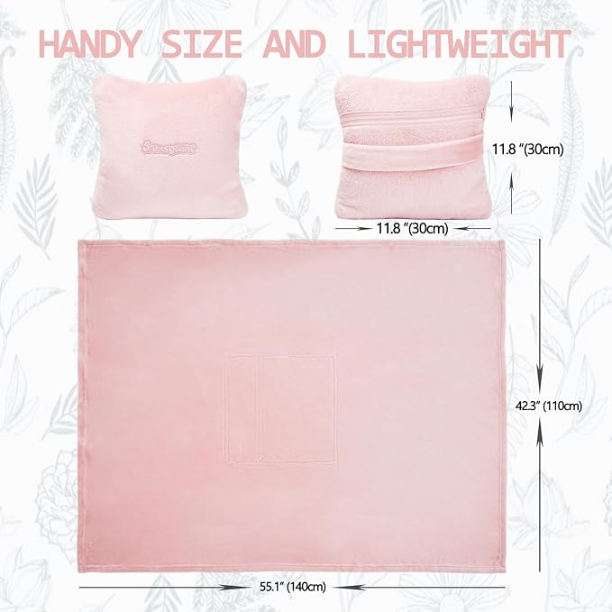 Travel Blanket Pillow, Premium 2 in 1 Flannel Airplane Blanket Compact for Travel,Office, Home,Travel Essentials Accessories for Plane and Car,Compact Office Blanket (Pink) - Image 2