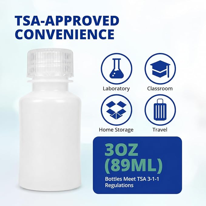 United Scientific™ HDPE Travel Bottles for Toiletries, 90ml (3oz), 6-Pack | TSA Approved Narrow Mouth Containers, Travel Size, Leakproof, Resists Knocks and Drops, Stands Upright in Bag, Reusable - Image 3